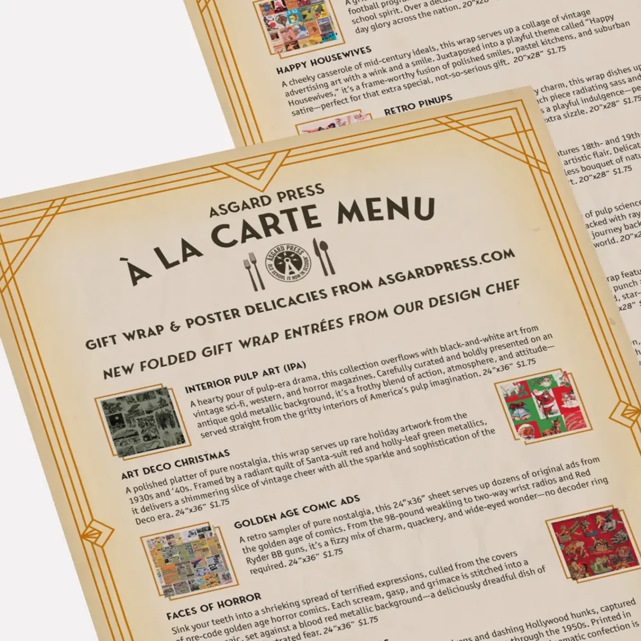 Vintage Travel themed menu brochure, promotional insert for Asgard Press.