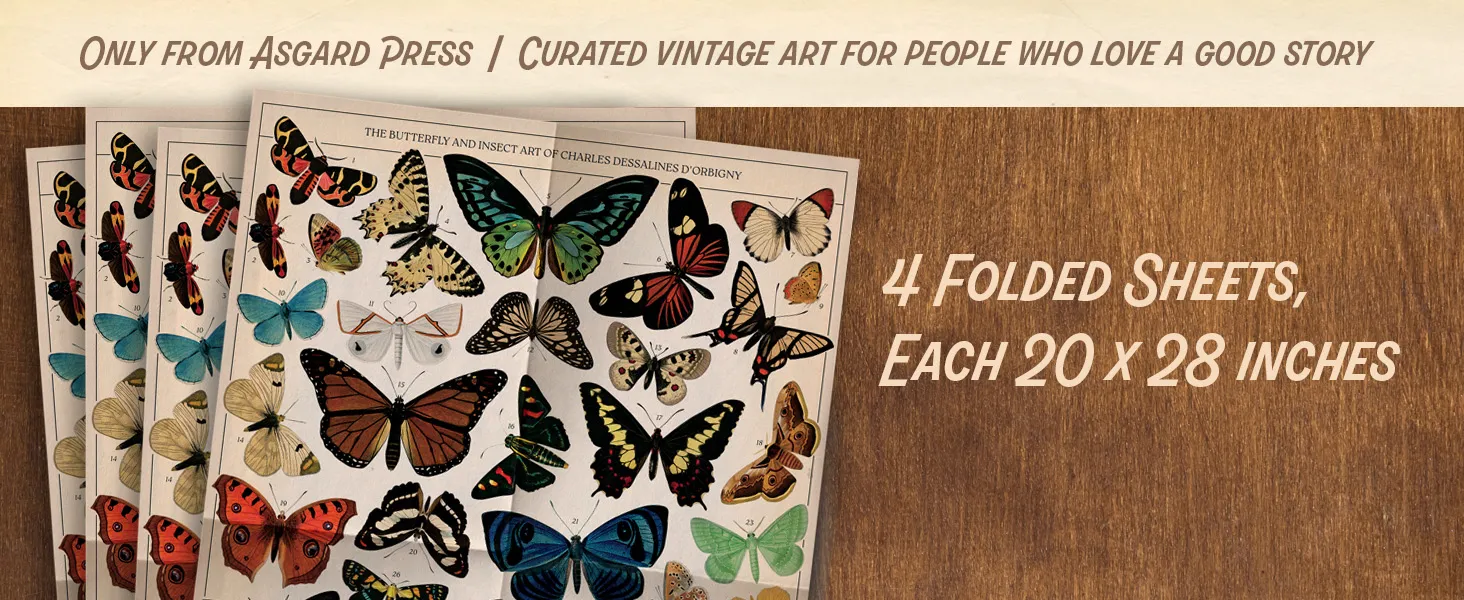 Amazon A+ content module showing 4 stacked sheets of Vintage Butterflies gift wrap.