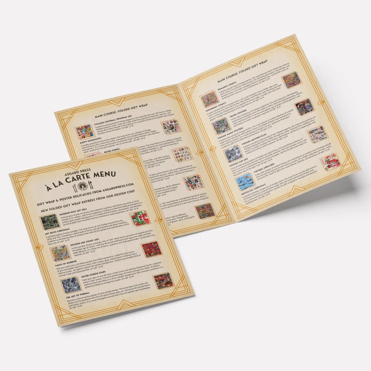 Vintage Travel themed menu brochure, promotional insert for Asgard Press.