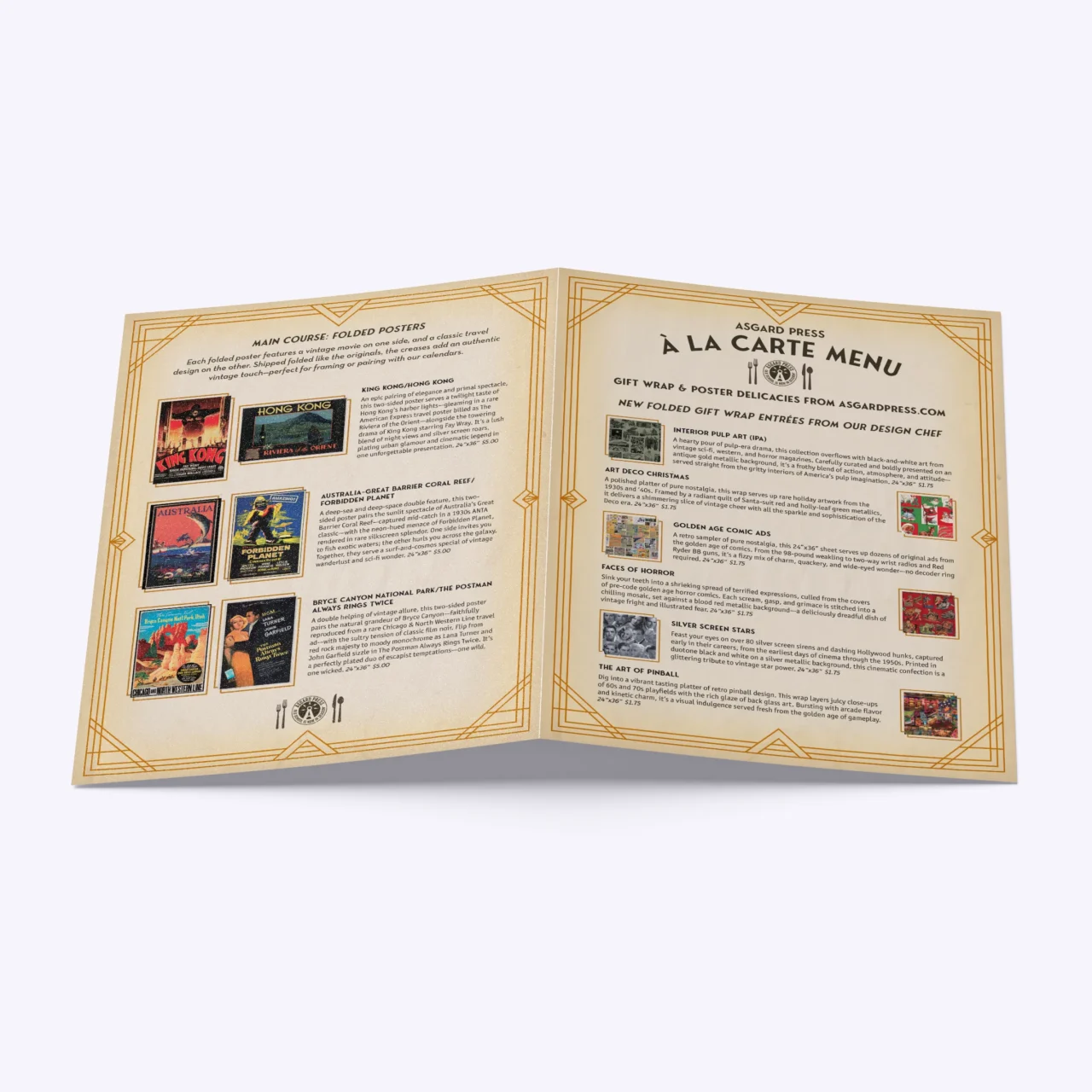 Vintage Travel themed menu brochure, promotional insert for Asgard Press.