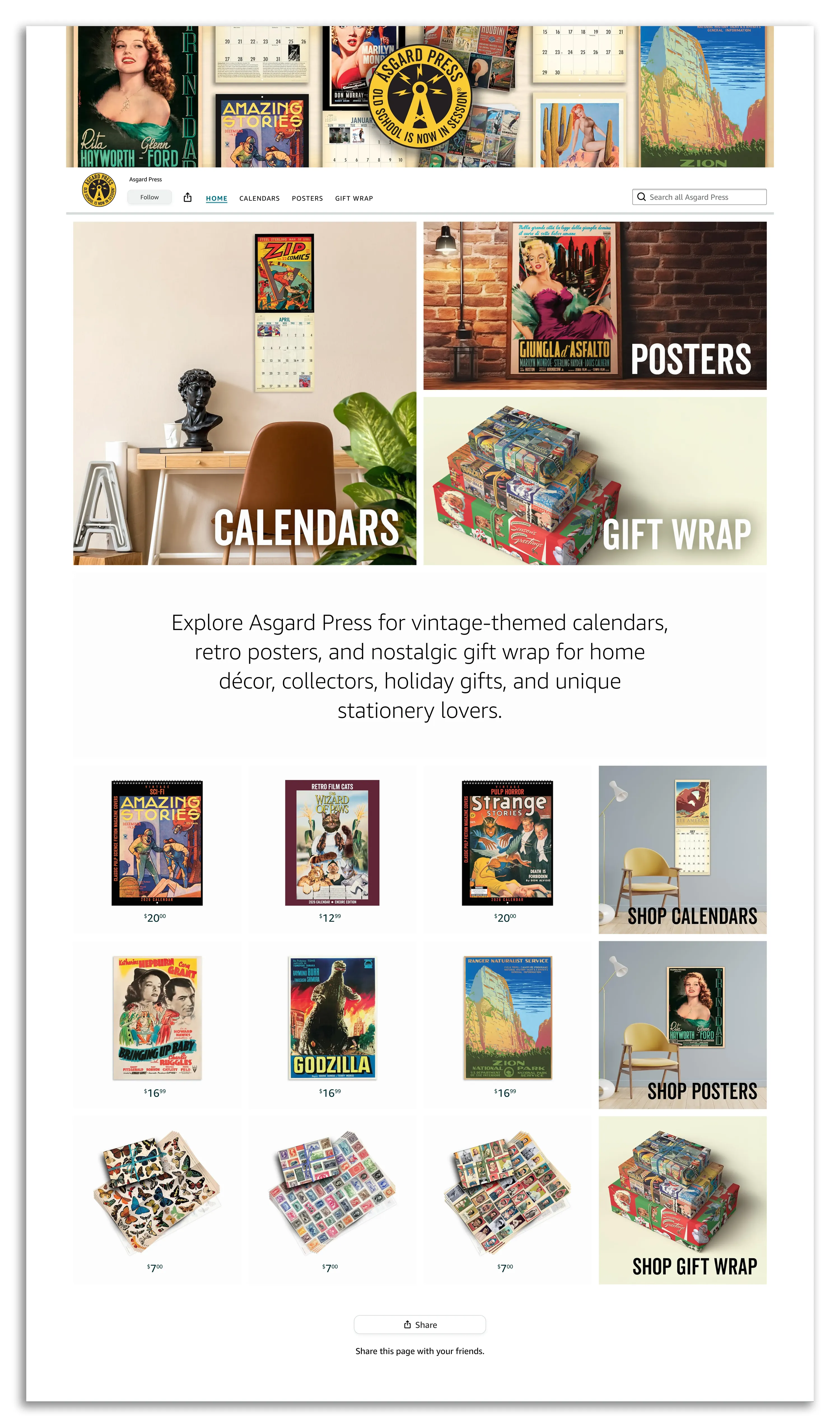 Screenshot of the Amazon storefront for boutique publisher Asgard Press displaying calendars, posters, and gift wrap for sale by the company on Amazon.