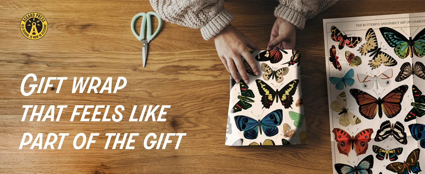 Amazon A+ content module showing hands wrapping a gift with Vintage Butterflies gift wrap.