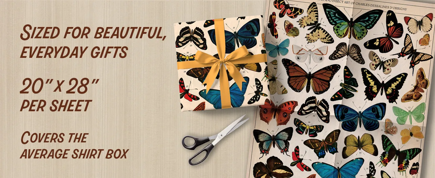 Amazon A+ content module showing a sheet of Vintage Butterflies gift wrap and a wrapped gift.