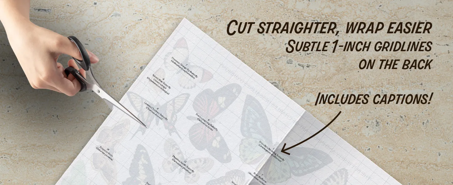 Amazon A+ content module showing a hand using scissors to cut a sheet of Vintage Butterflies gift wrap using gridlines.