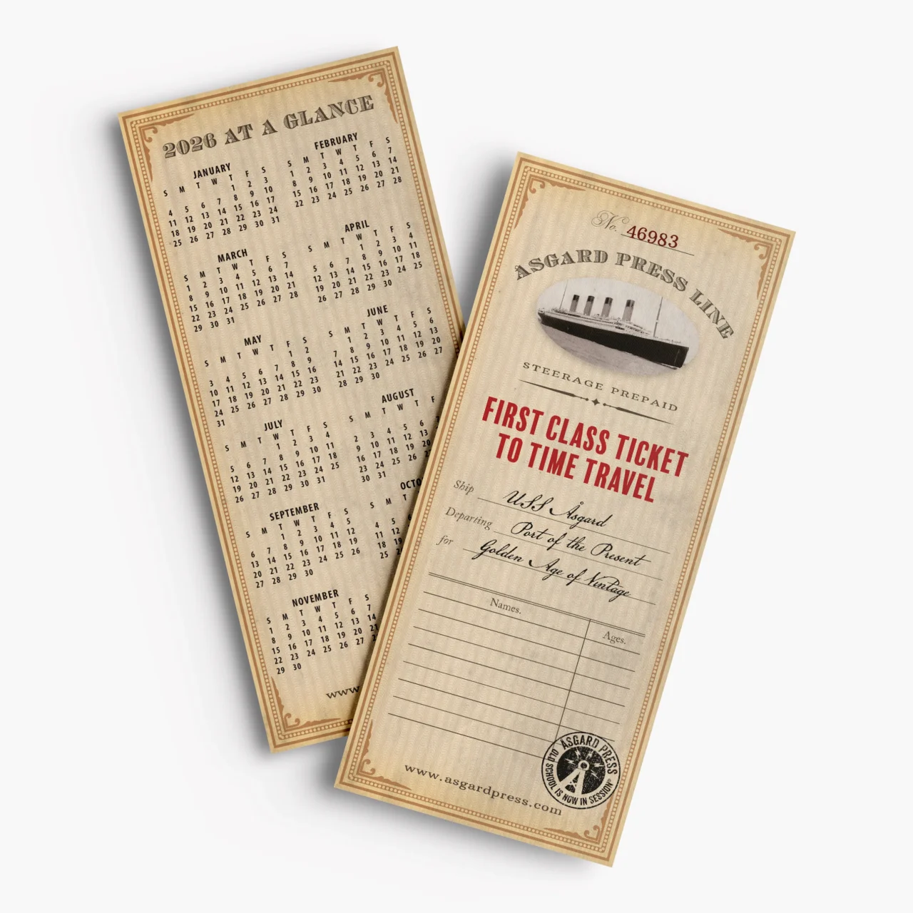 Time Travel Ticket themed bookmark, promotional insert for Asgard Press.